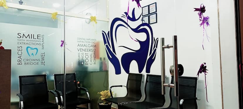 Modern waiting area with dental artwork